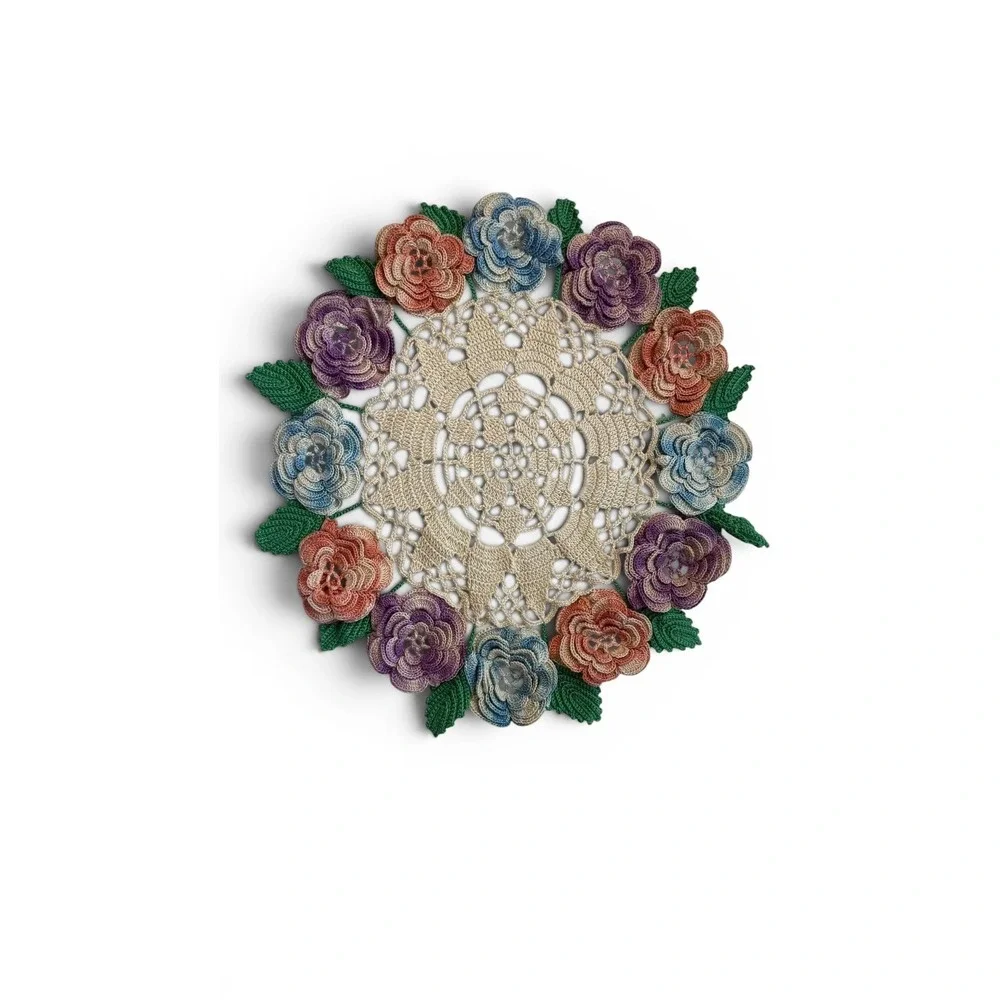 Handmade Crochet Rose Posy Doily 12 Inch Floral Centerpiece Decor